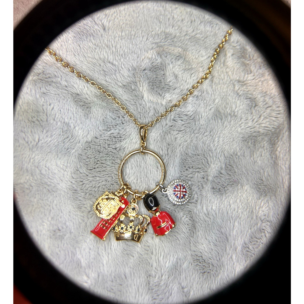 Talbots 5 Charm Necklace – British Icons 30" Gold Chain, Logo Tag Vintage Whimsy
